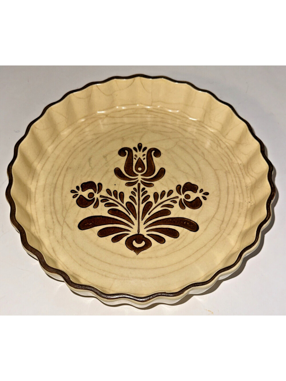 Vintage Pfaltzgraff Quiche Dish 9" Round Floral Brown & Cream #233 stoneware pie